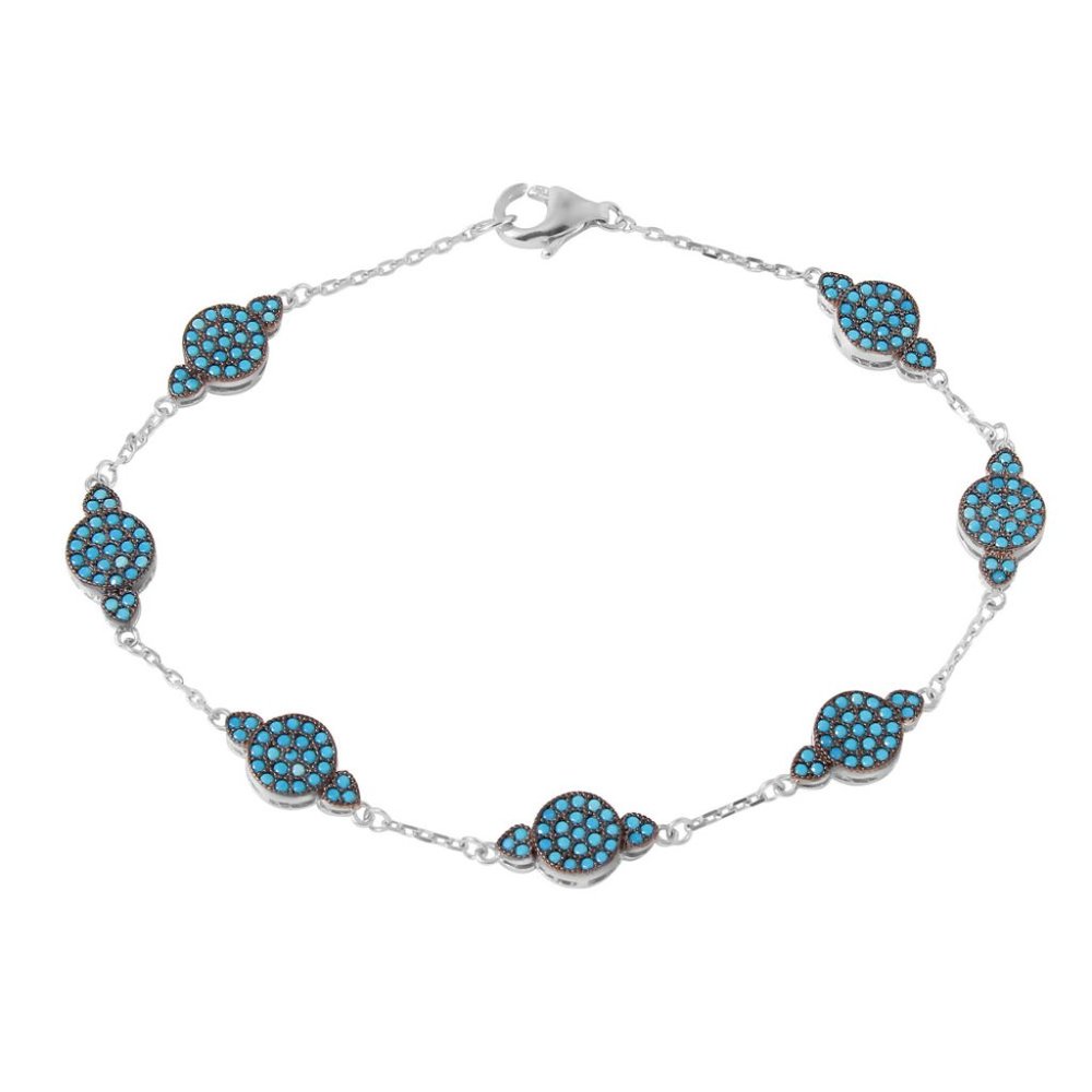 Sterling Silver 925 Rhodium Plated Small Round Turquoise Chain Bracelet